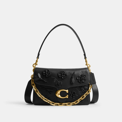 CCC15-Chain Tabby Shoulder Bag with Floral Embellishment-B4/Black