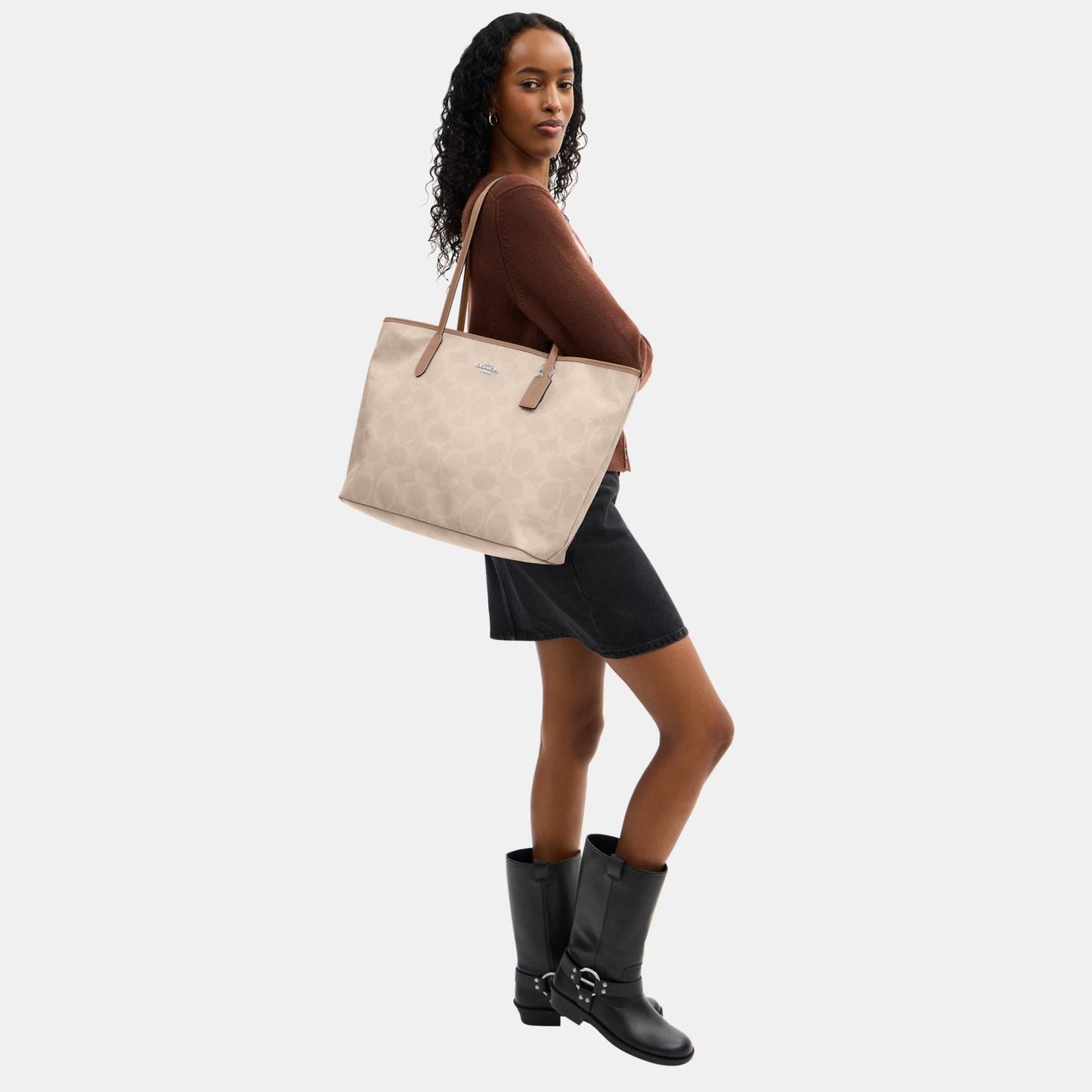CCD66-Large City Tote Bag in Maxi Signature Canvas-Sv/Sand/Taupe