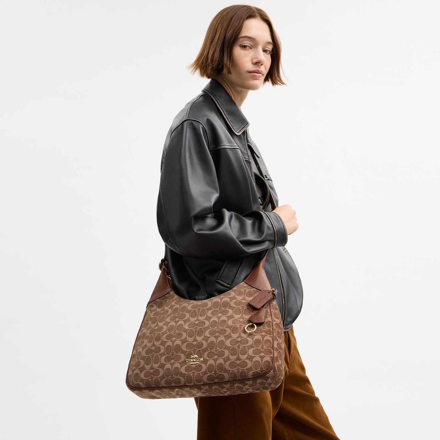 CCE49-Ella Shoulder Bag in Signature Chenille-Im/Light Khaki/Vintage Brown