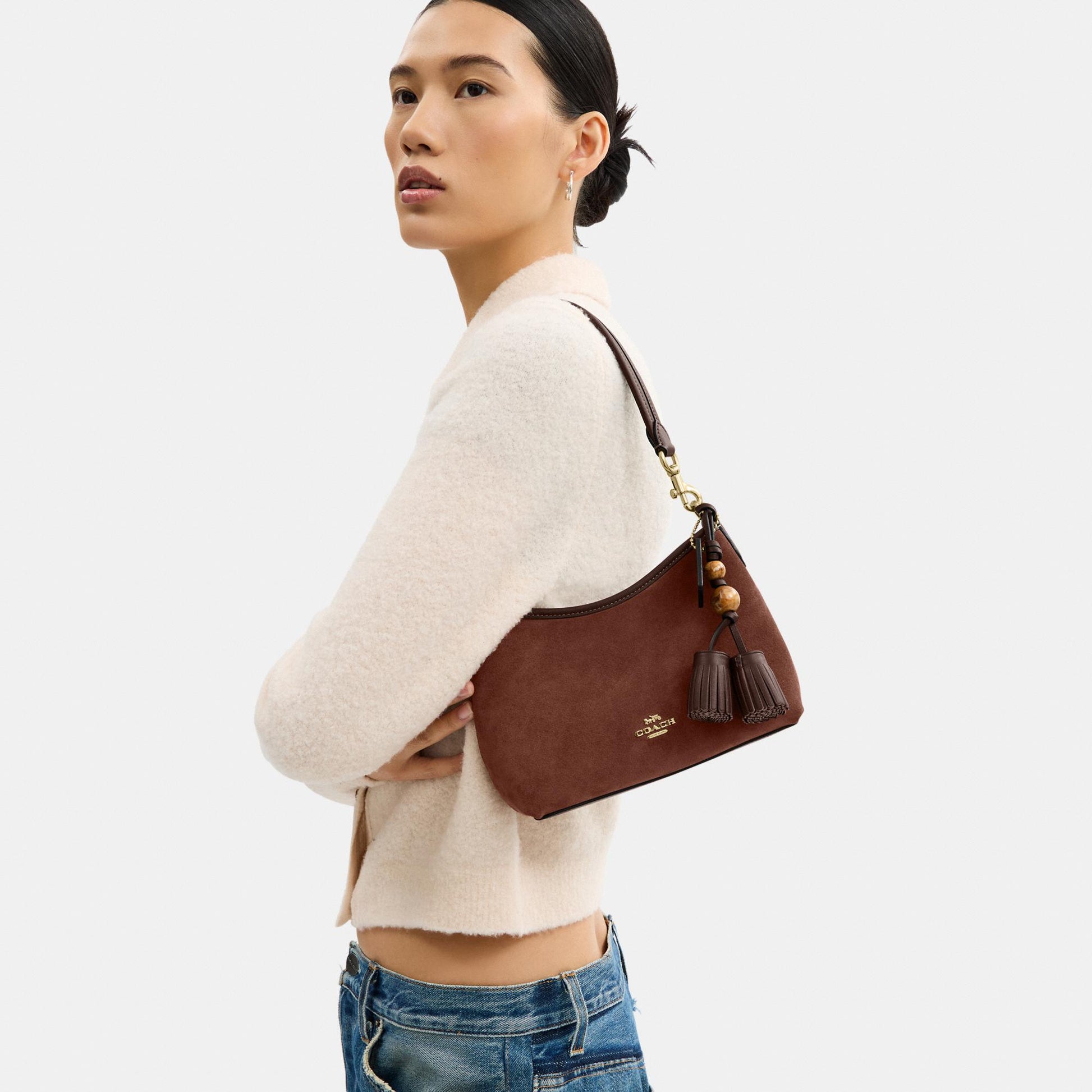 CCF14-Laurel Small Shoulder Bag With Tassels-Im/Vintage Brown/Maple