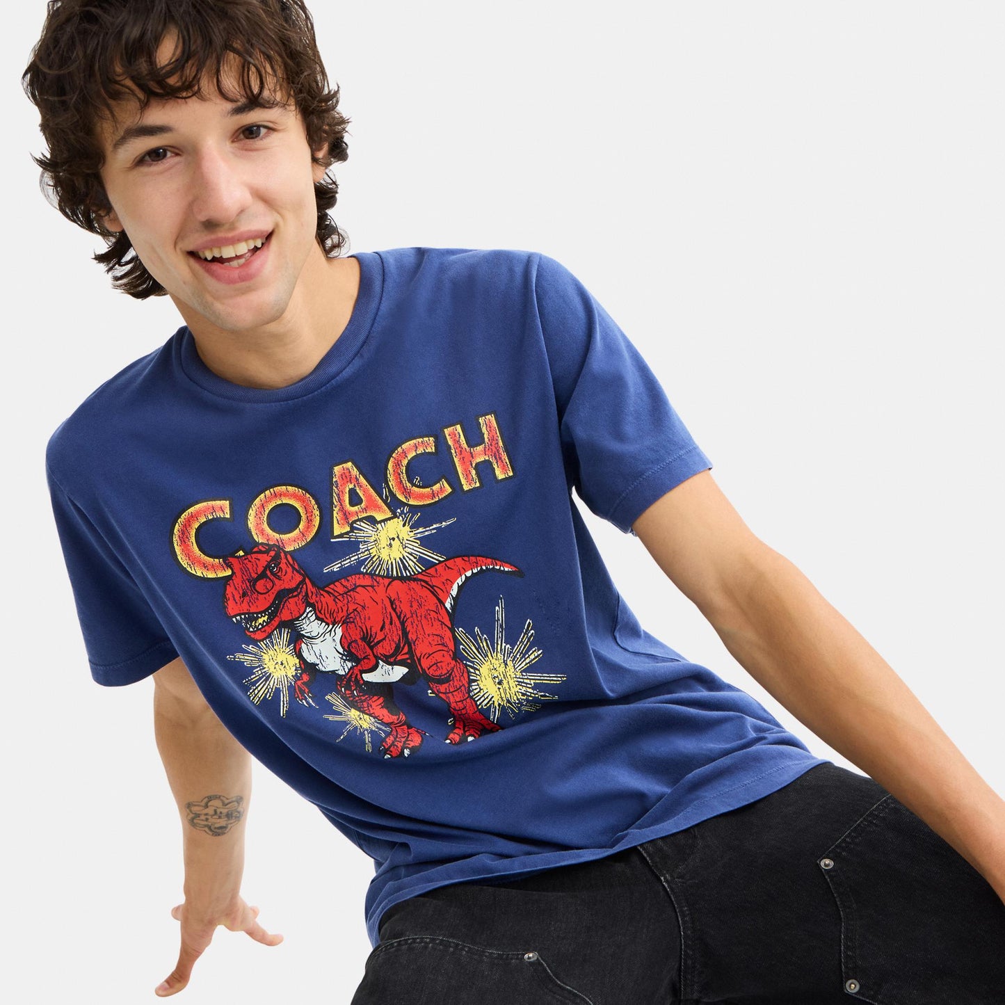 CCV60-Garment Washed Dinosaur T-Shirt In Organic Cotton-Washed Blue
