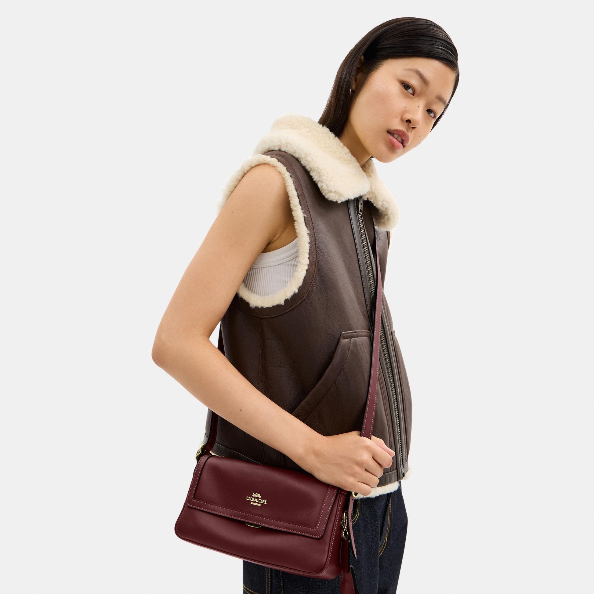 CCV63-Etta Small Flap Shoulder Bag-Im/Maroon