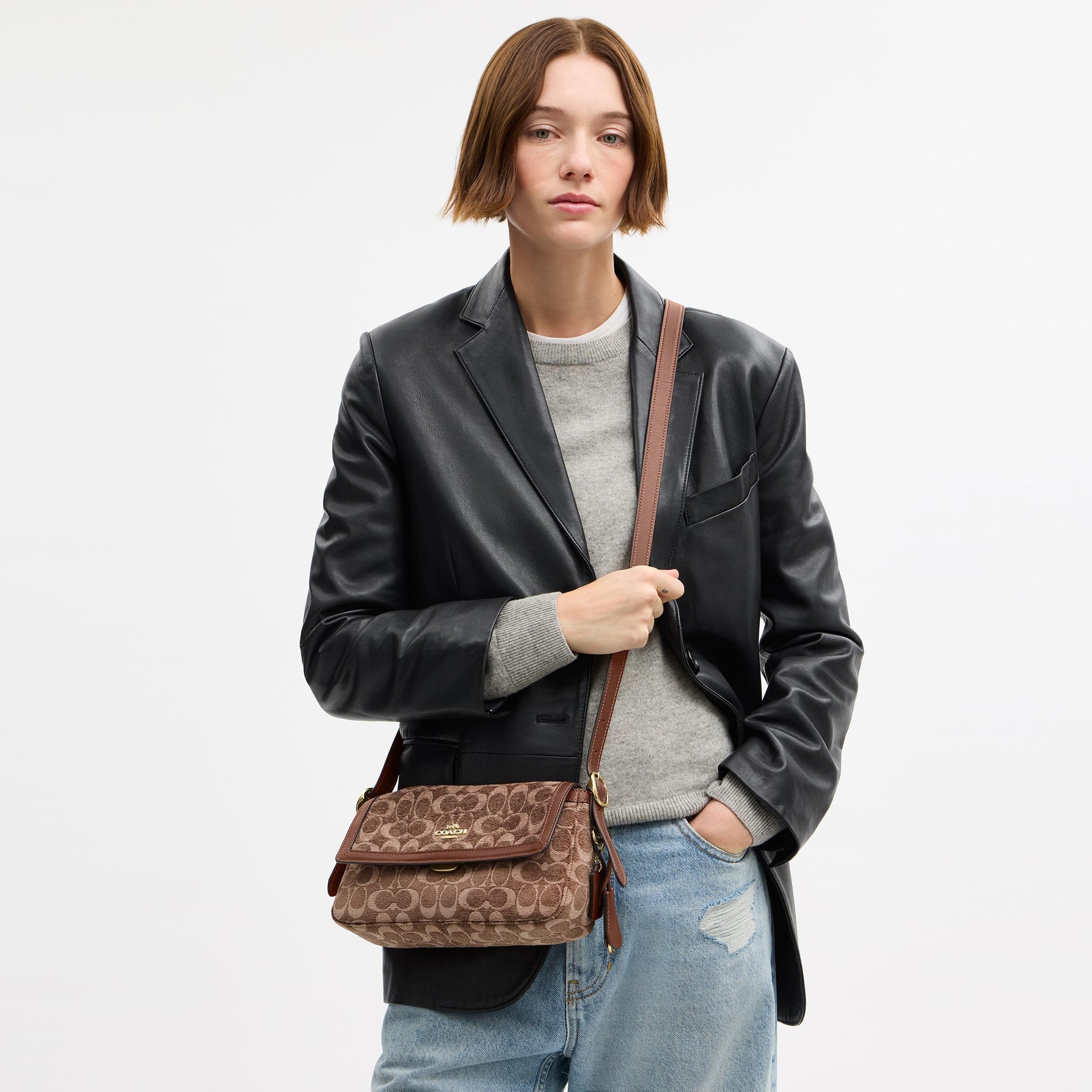 CCV65-Etta Small Flap Shoulder Bag in Signature Chenille-Im/Light Khaki/Vintage Brown