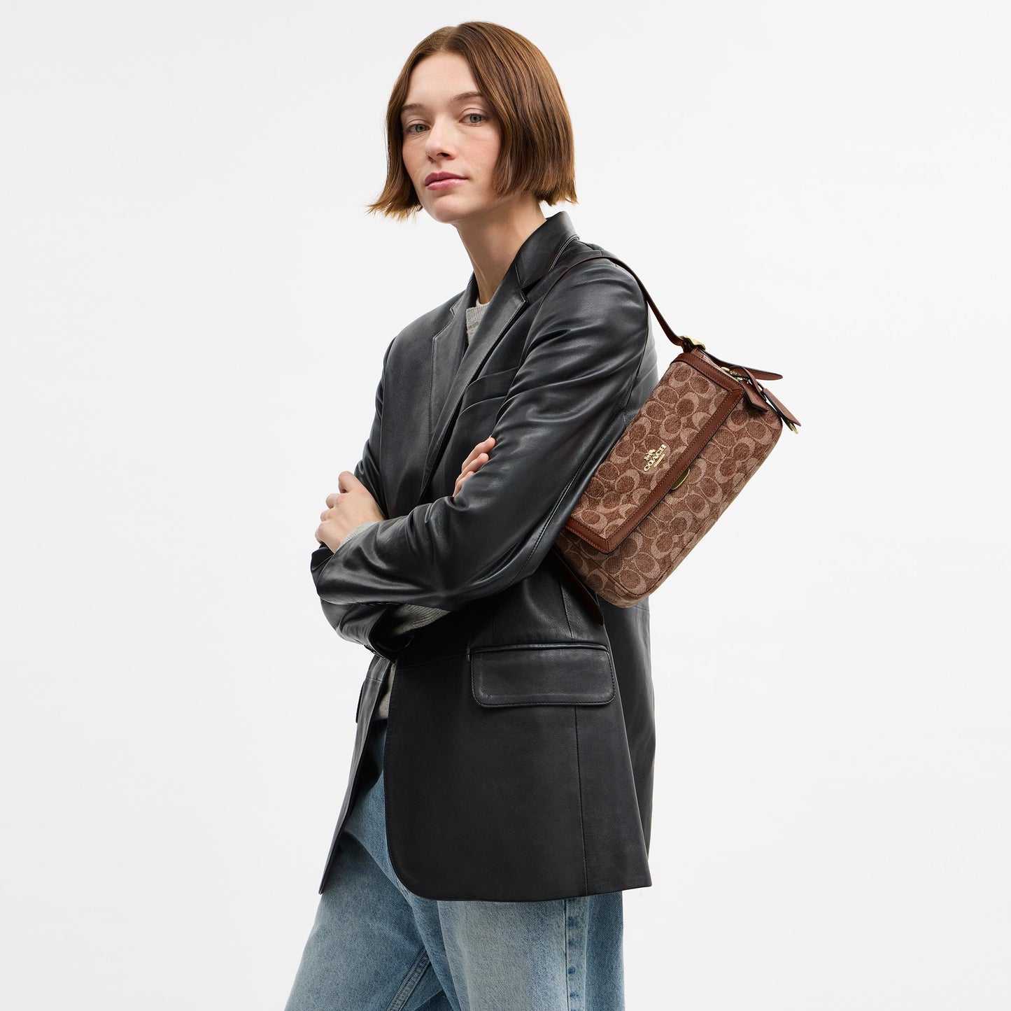 CCV65-Etta Small Flap Shoulder Bag in Signature Chenille-Im/Light Khaki/Vintage Brown