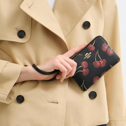 CDF05-Corner Zip Wristlet with Cherry Print-Im/Black Multi
