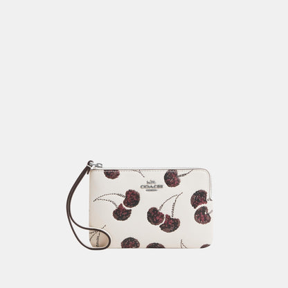 CDF05-Corner Zip Wristlet with Cherry Print-Sv/Chalk Multi