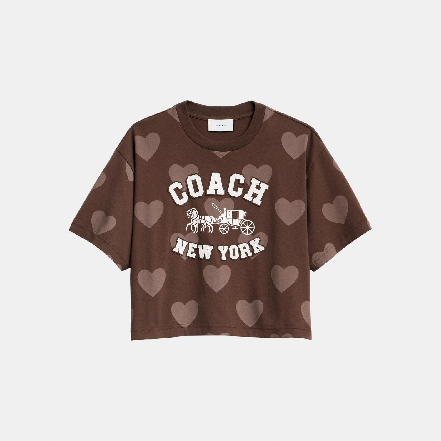 CDI34-Cropped Horse and Carriage Heart T Shirt-Brown
