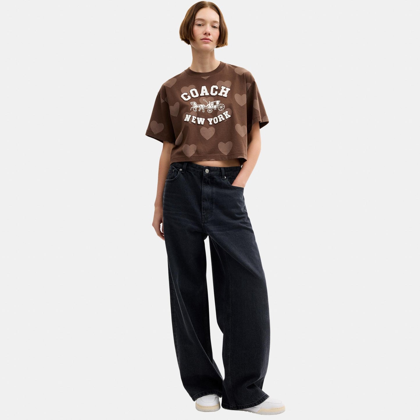 CDI34-Cropped Horse and Carriage Heart T Shirt-Brown