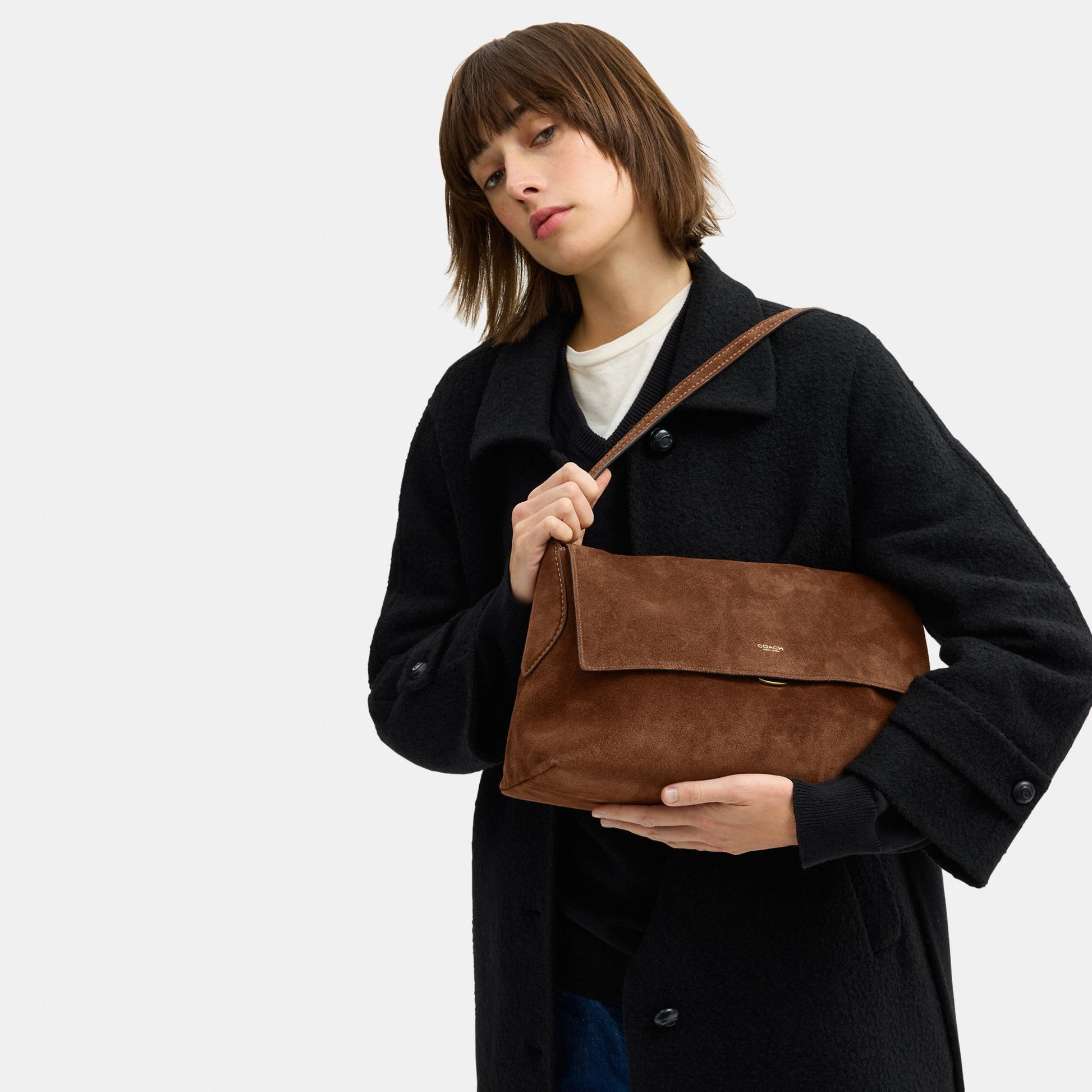 CDT20-Ny Flap Suede Shoulder Bag Medium-B4/Warm Brown