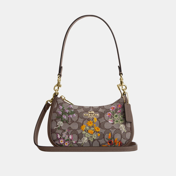 Teri Mini Crossbody Bag in Signature Jacquard with Floral Embroidery