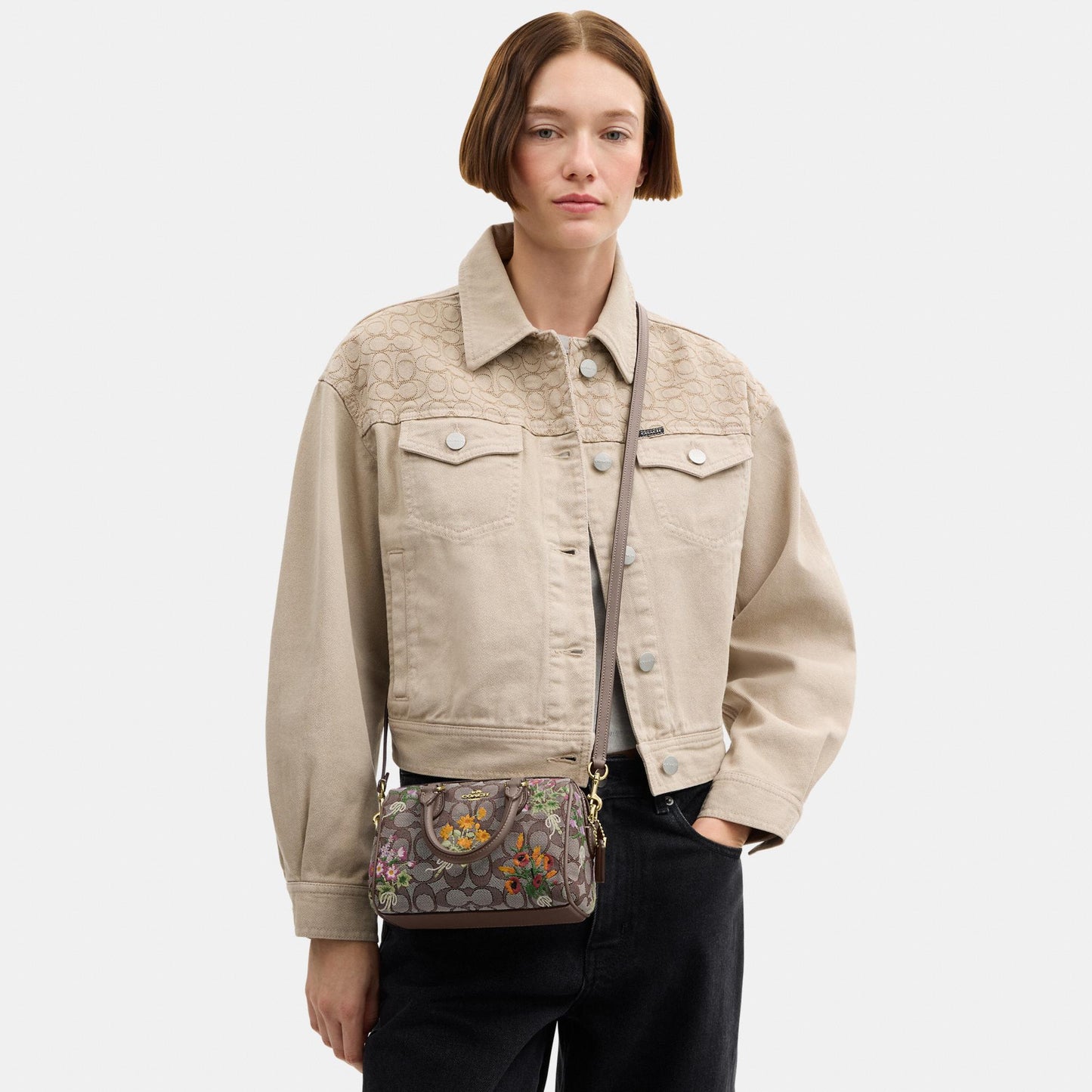 CDY31-Mini Rowan Crossbody Bag in Signature Jacquard with Floral Embroidery-Im/Oak Multi