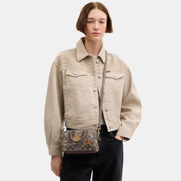 Mini Rowan Crossbody Bag in Signature Jacquard with Floral Embroidery