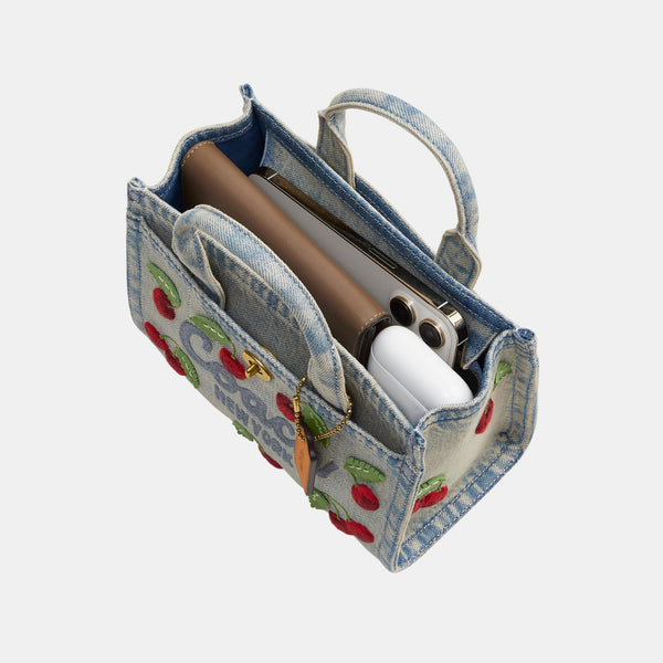 Embroidered Cherry Denim Cargo Tote 20