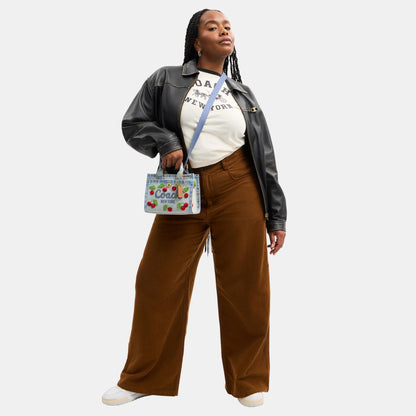 CDY91-Embroidered Cherry Denim Cargo Tote 20-B4/Denim Multi