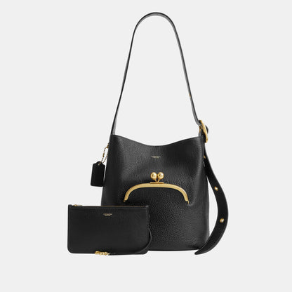 CDZ18-The Coach Originals Textured Pebble Leather Bleecker Bucket Bag with Kisslock-B4/Black