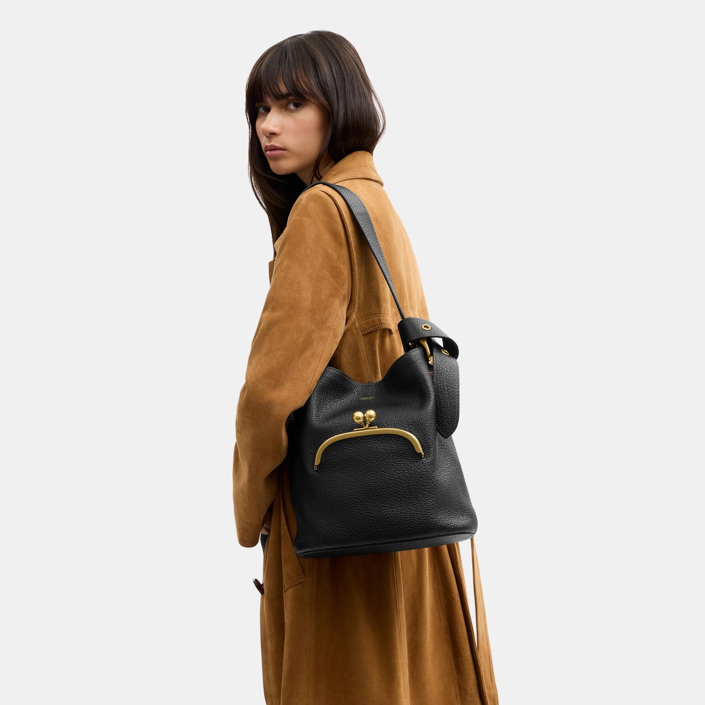 CDZ18-The Coach Originals Textured Pebble Leather Bleecker Bucket Bag with Kisslock-B4/Black
