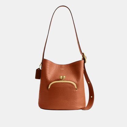 CDZ18-The Coach Originals Textured Pebble Leather Bleecker Bucket Bag with Kisslock-B4/Amber Brown