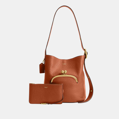 CDZ18-The Coach Originals Textured Pebble Leather Bleecker Bucket Bag with Kisslock-B4/Amber Brown