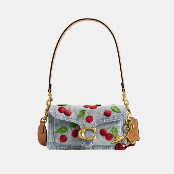 Cherry Embroidered Denim Tabby Shoulder Bag 20