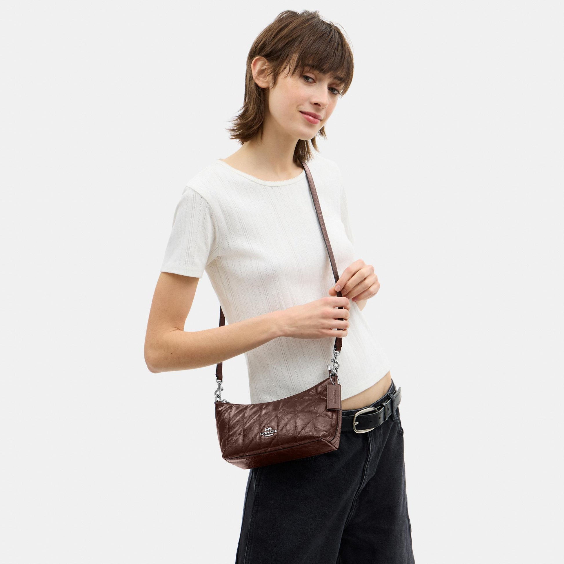 CDZ88-Caitlin Shoulder Bag in Glazed Leather with Quilting-Sv/Maple
