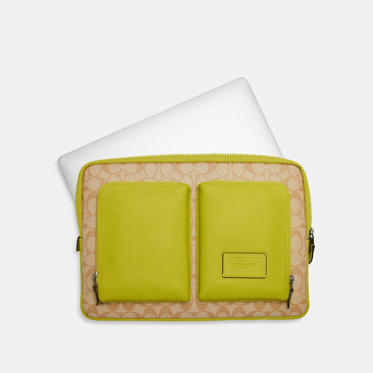 Utility Laptop Case In Colorblock Signature Canvas-CE701-Qb/Light Khaki/Key Lime