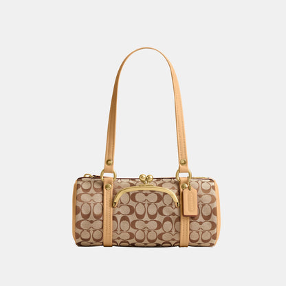 CEN91-Kisslock Barrel Bag 28 in Signature Jacquard-B4/Khaki Light Peach