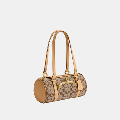 CEN91-Kisslock Barrel Bag 28 in Signature Jacquard-B4/Khaki Light Peach
