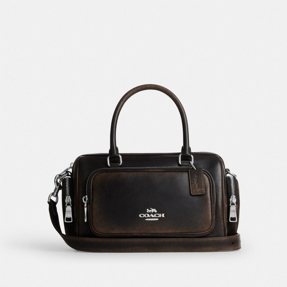 CES83-Rowan Satchel Bag With Pockets In Loved Leather-Sv/Black Brown