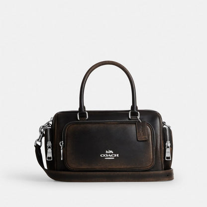 CES83-Rowan Satchel Bag With Pockets In Loved Leather-Sv/Black Brown