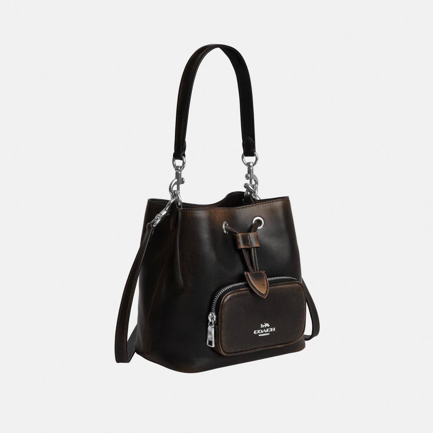 CES94-Rowan Bucket Bag with Pocket in Loved Leather-Sv/Black Brown