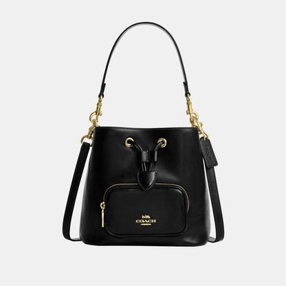 CES95-Rowan Bucket Bag with Pocket in Matte Crinkle Leather-Im/Black