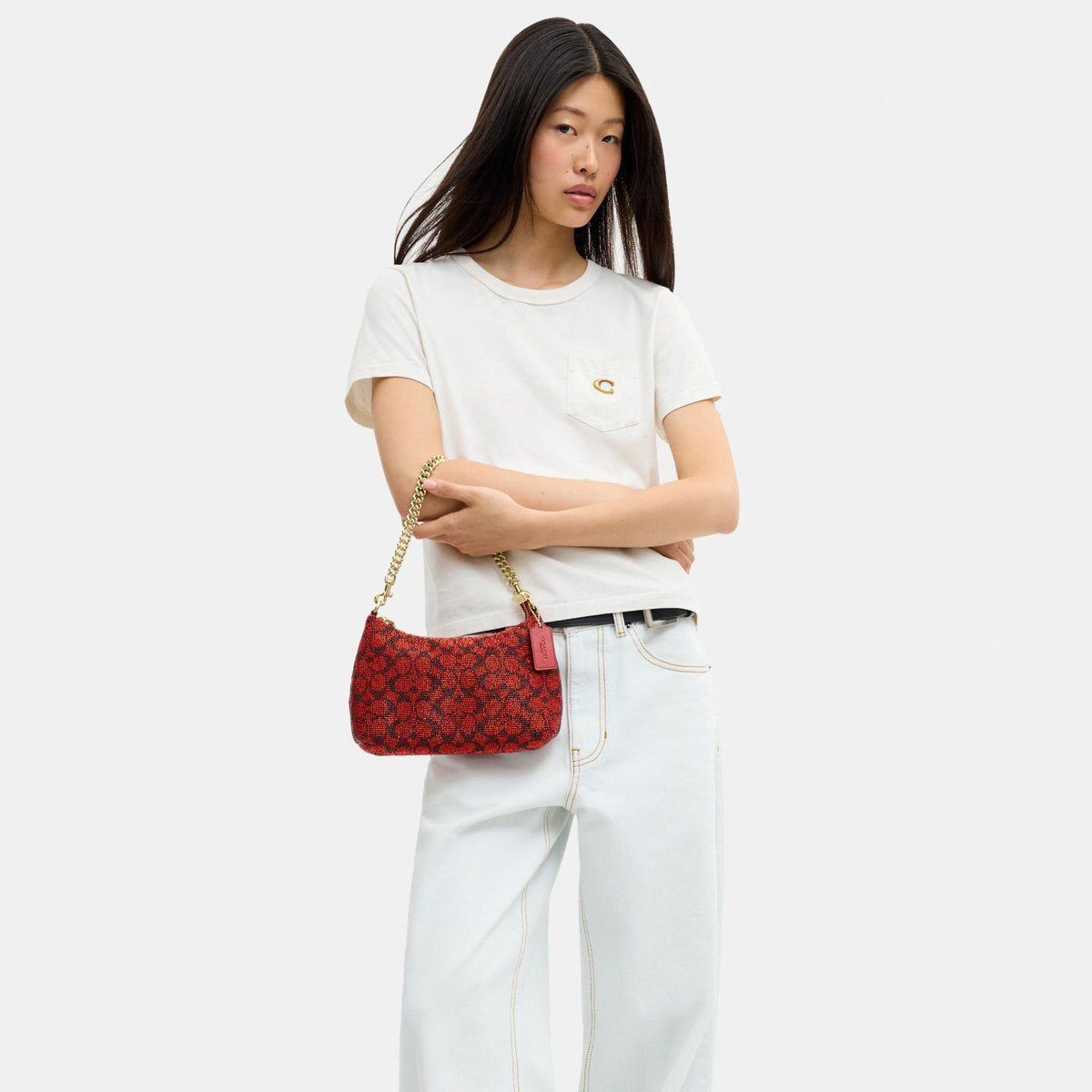 CET14-Teri Shoulder Bag in Signature Beaded Satin-Im/Crimson