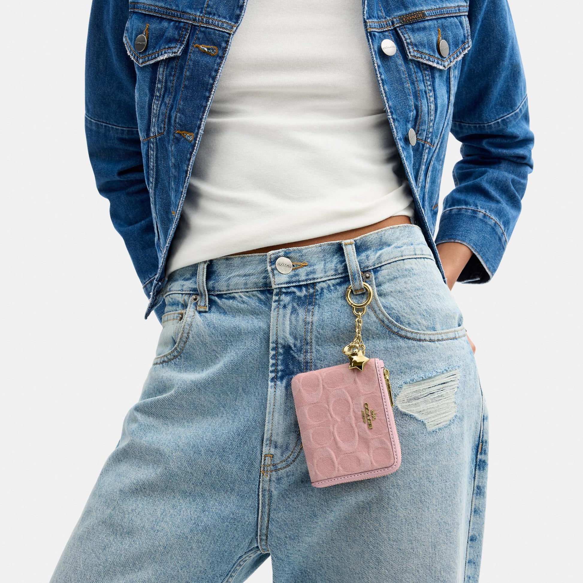 CEU98-Small Corner Zip Wallet in Signature Denim with Charms-Im/Light Pink