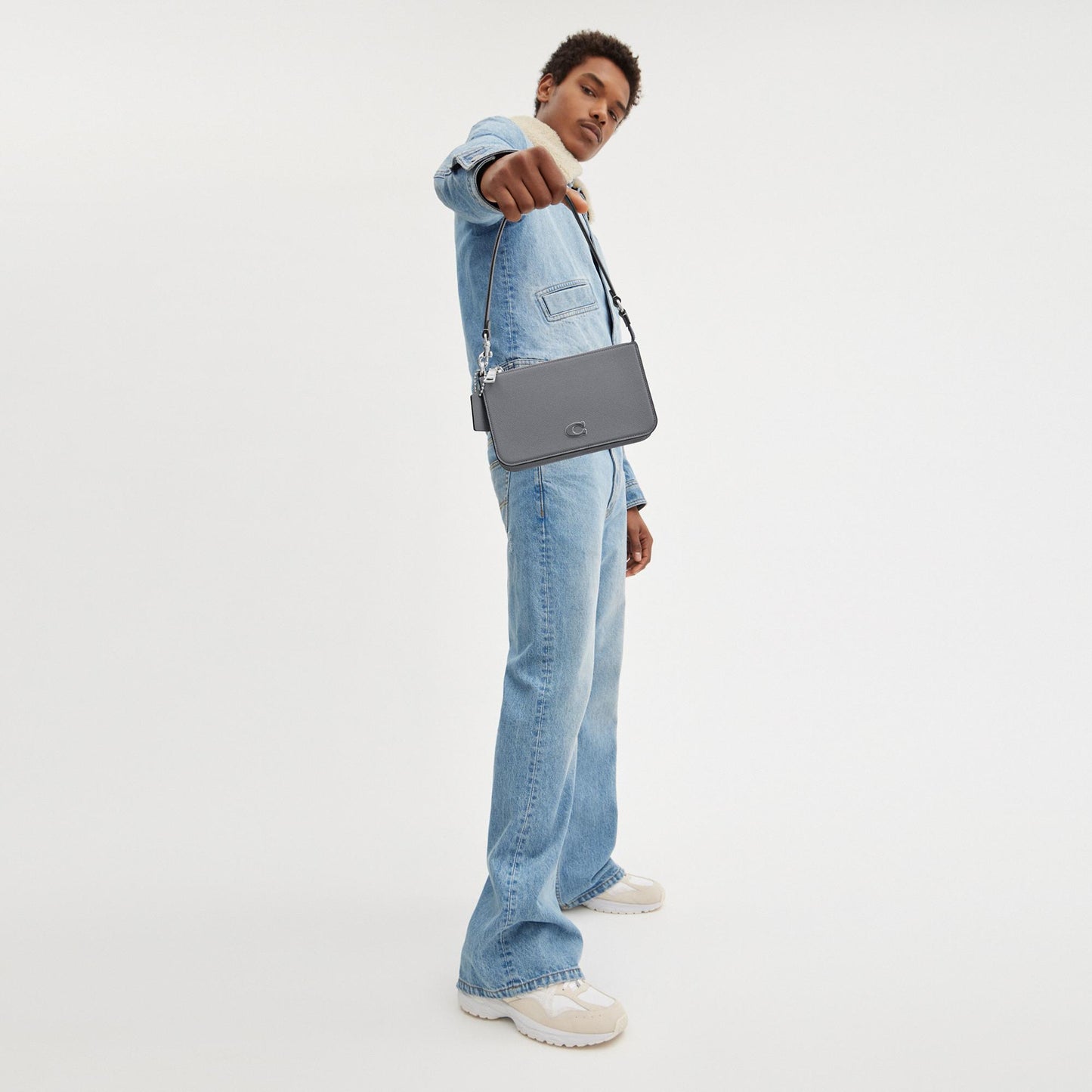 CJ797-Pouch Bag With Signature Canvas Interior-Grey Blue