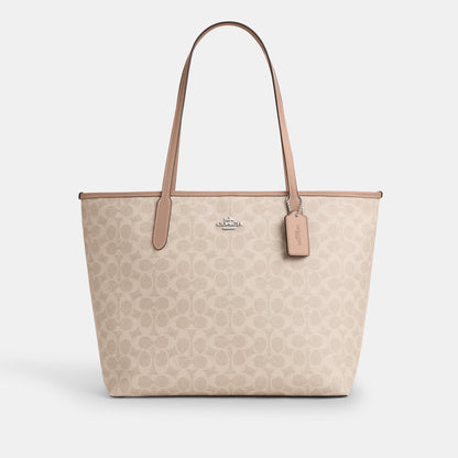 CV976-City Tote Bag in Signature Canvas-Sv/Sand/Taupe
