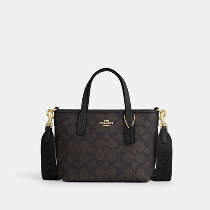 CW032-City Mini Tote Bag In Signature Canvas-IM/Walnut/Black