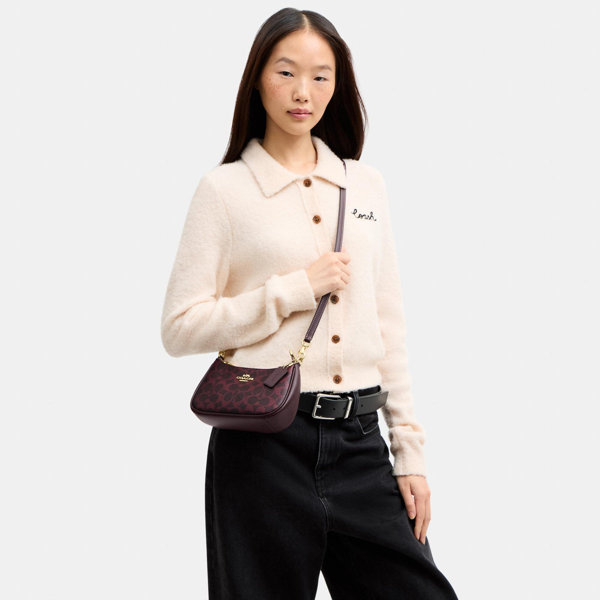 CW323-Teri Mini Crossbody Bag in Signature Canvas-Im/Black Currant