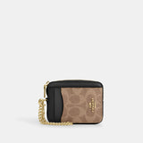 CW883-ZIP CARD CASE IN SIGNATURE CANVAS-IM/Tan/Black
