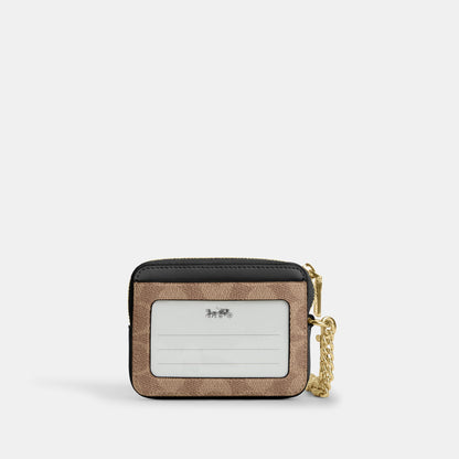 CW883-ZIP CARD CASE IN SIGNATURE CANVAS-IM/Tan/Black