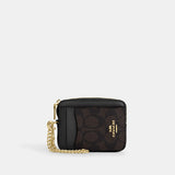 CW883-ZIP CARD CASE IN SIGNATURE CANVAS-IM/Walnut/Black