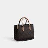 CY676-Maggie Small Tote Bag In Blocked Signature Canvas-Im/Walnut/Tan