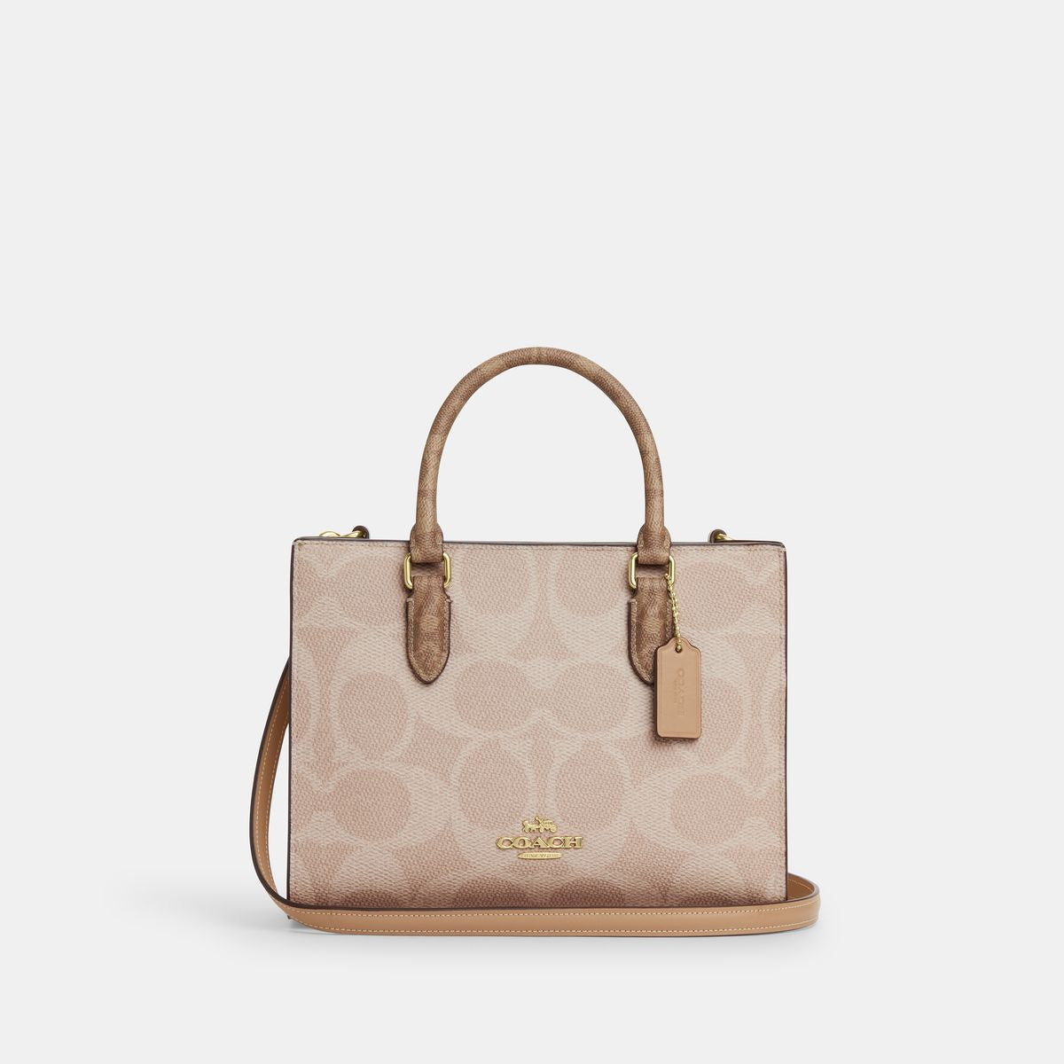CY676-Maggie Small Tote Bag In Blocked Signature Canvas-Im/Sand/Tan