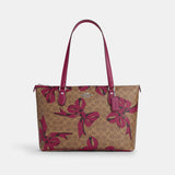 CZ174-Gallery Tote Bag In Signature Canvas With Bow Print-Sv/Tan/Pink Multi