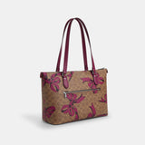 CZ174-Gallery Tote Bag In Signature Canvas With Bow Print-Sv/Tan/Pink Multi