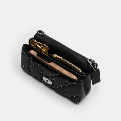 CZ522-Tabby Crossbody Wristlet With Pillow Quilting And Crystal Rivets-Lh/Black
