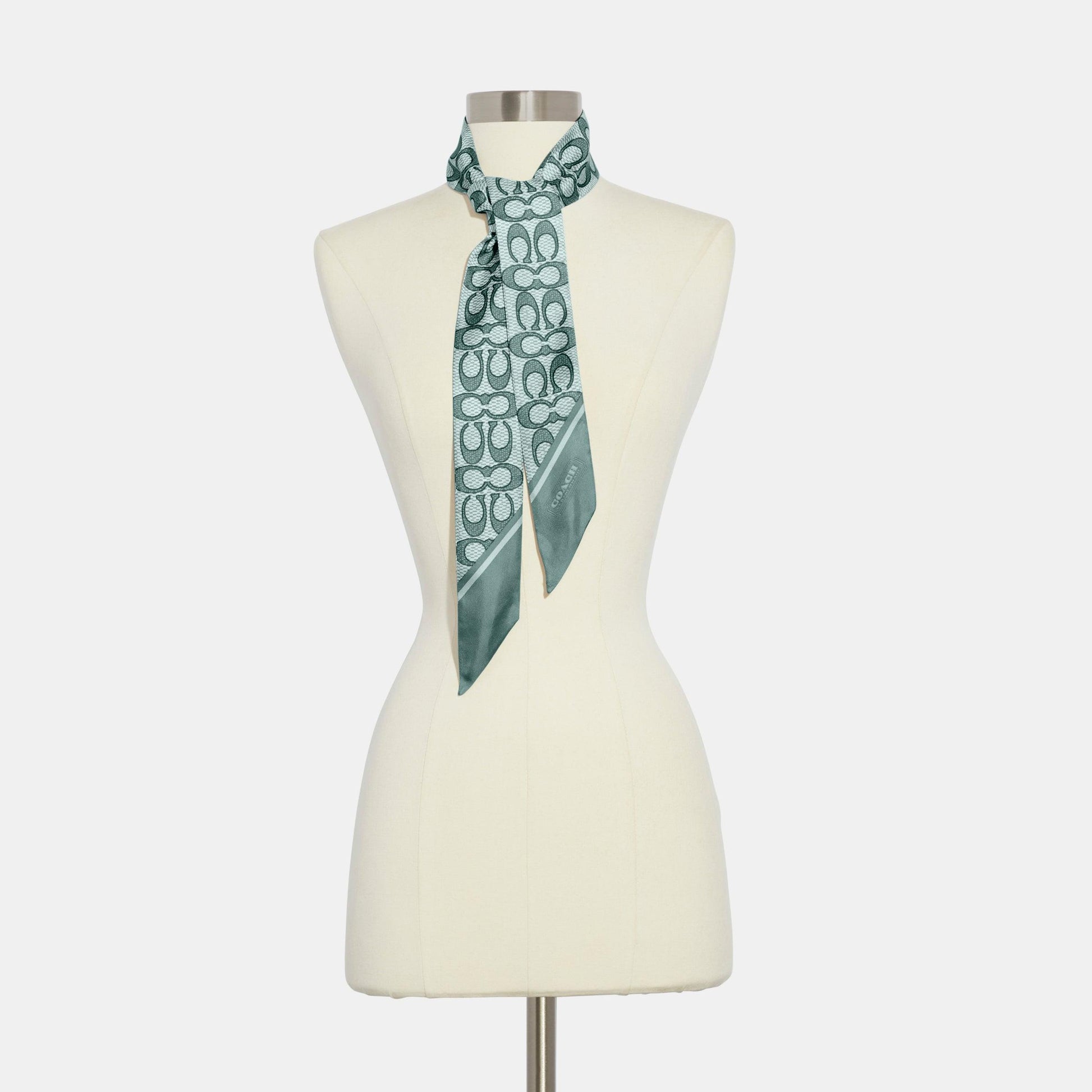 C2783-Vintage Signature Print Silk Skinny Scarf-AQUA
