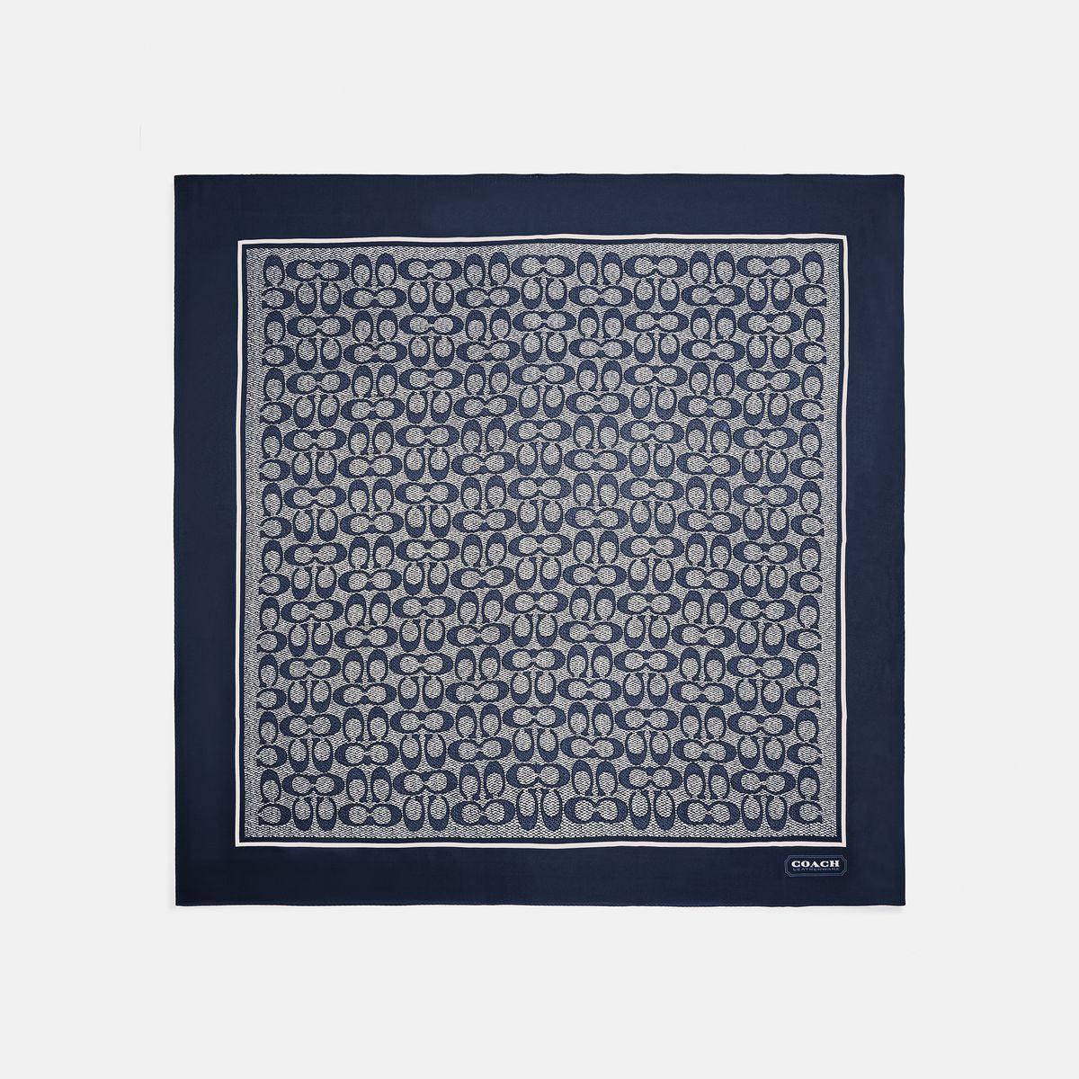 C2755-Vintage Signature Print Silk Square Scarf-Midnight Navy
