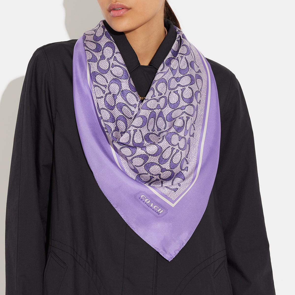 C2755-Vintage Signature Print Silk Square Scarf-Light Violet