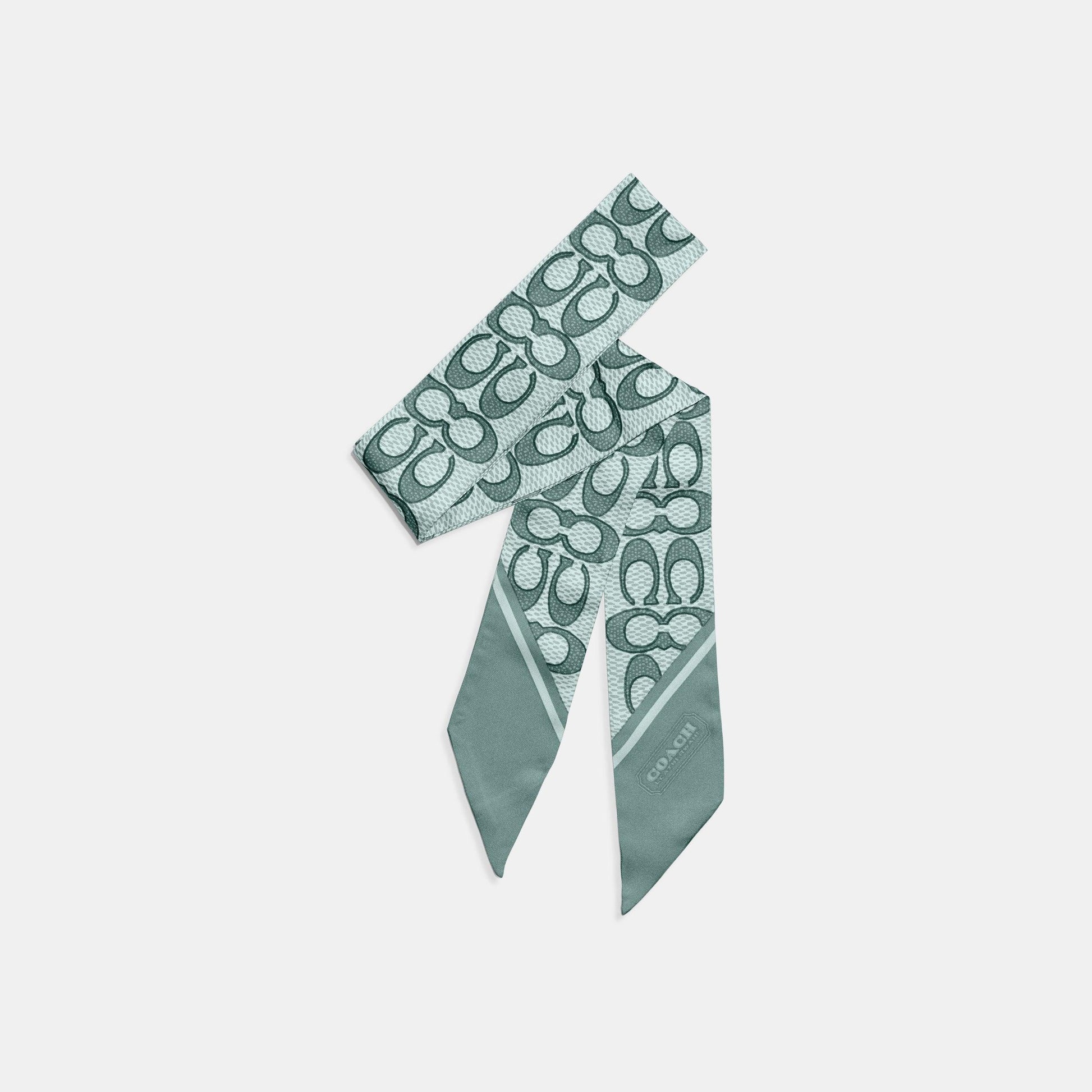 C2783-Vintage Signature Print Silk Skinny Scarf-AQUA