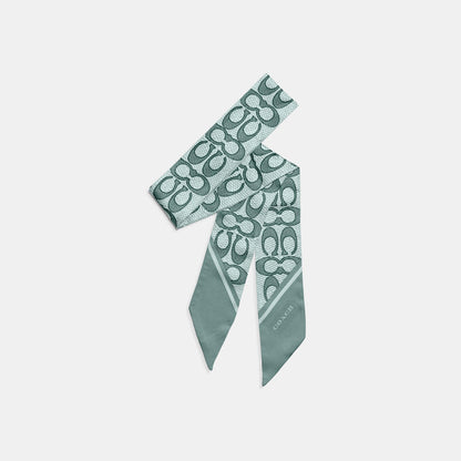 C2783-Vintage Signature Print Silk Skinny Scarf-AQUA